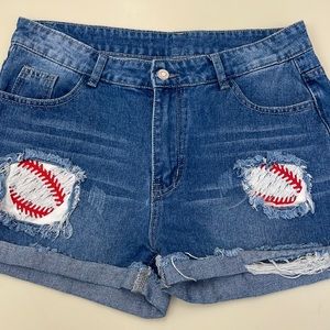 Women's Blue Jean Shorts with Baseball Patch